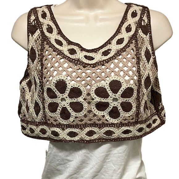 EUC Tan Crochet Crop Top with White Tank Top Size: Medium - Picture 1 of 7